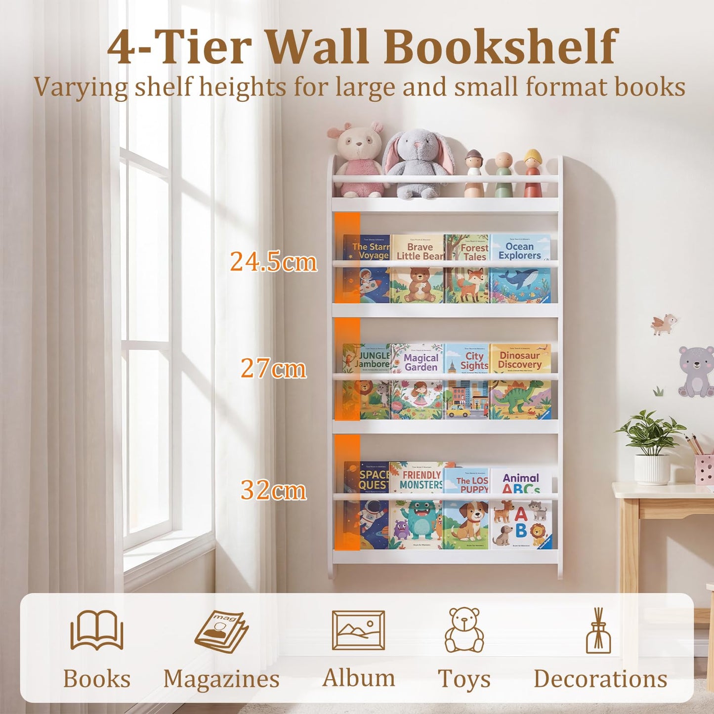 Kids Bookshelf Wall Mounted, 4-Tier Children's Bookcase Book Shelf