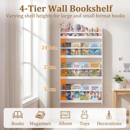 Kids Bookshelf Wall Mounted, 4-Tier Children's Bookcase Book Shelf
