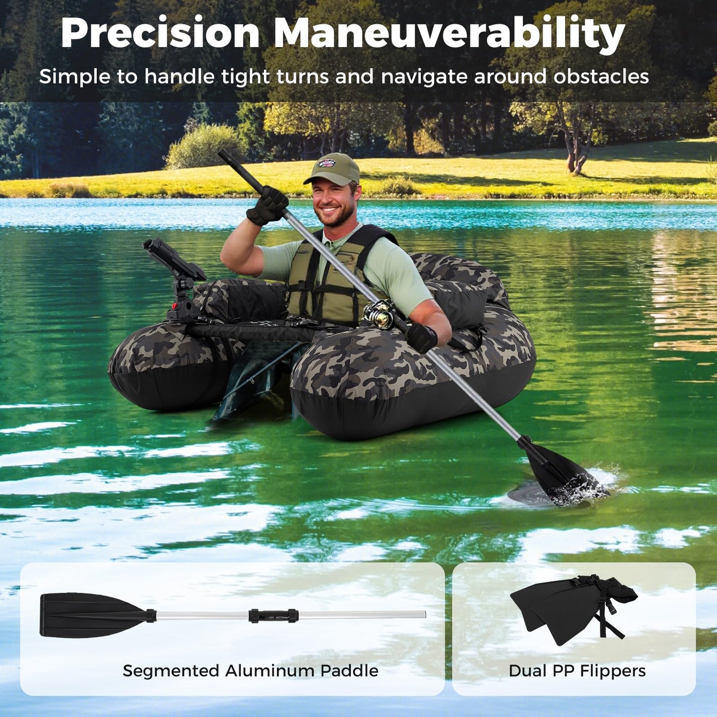 Fishing Boat with Pump, Adjustable Straps, Paddle, Pockets, Fish Ruler, Rod Holder