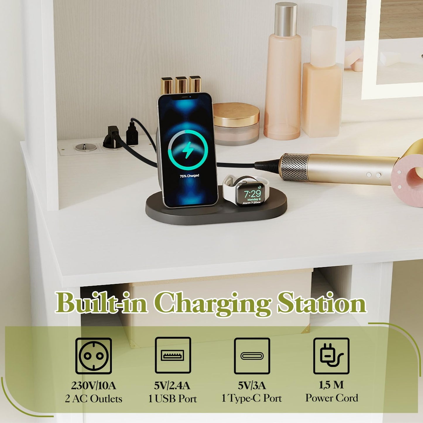 Dressing Table with LED Mirror and Stool, Wooden Makeup Table Vanity Desk Set