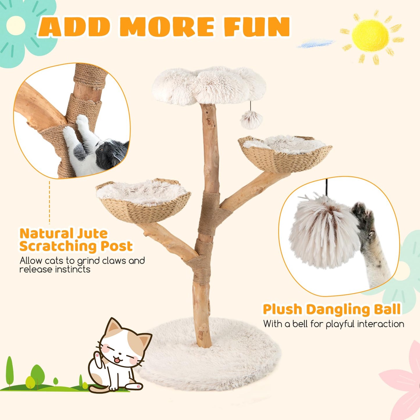 122 CM Tall Real Wood Branch Kitten Tower with Flower Perch and 2 Wicker Baskets