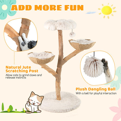 122 CM Tall Real Wood Branch Kitten Tower with Flower Perch and 2 Wicker Baskets