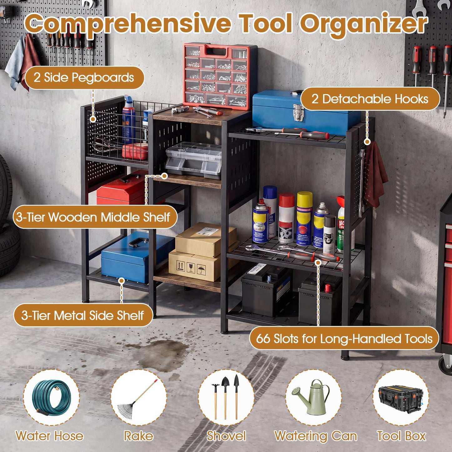 Garden Tool Storage Rack, 3 Tier Metal Yard Tool Organizer with Wooden Shelves