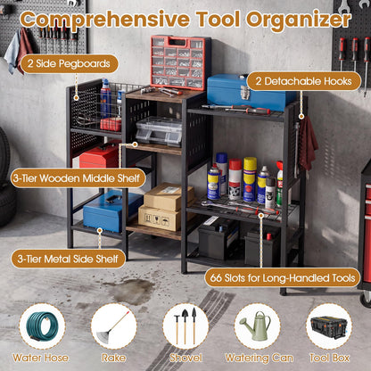 Garden Tool Storage Rack, 3 Tier Metal Yard Tool Organizer with Wooden Shelves