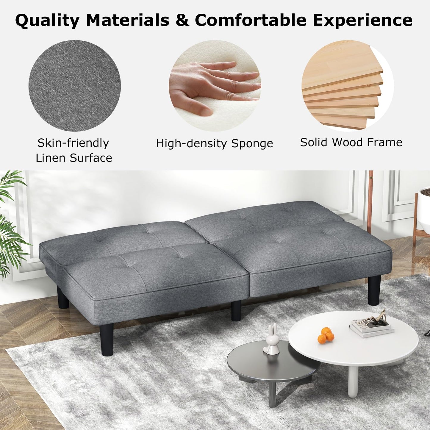 Convertible Folding Futon Sofa Bed with 6-Position Adjustable Backrest and Thick Cushion