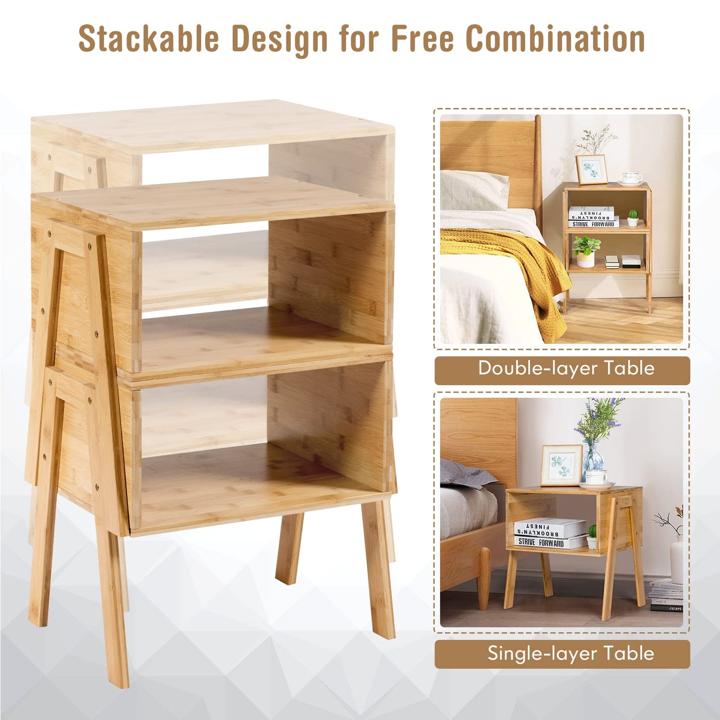 Set of 2 Stackable Bedside Table with Open Storage Compartment