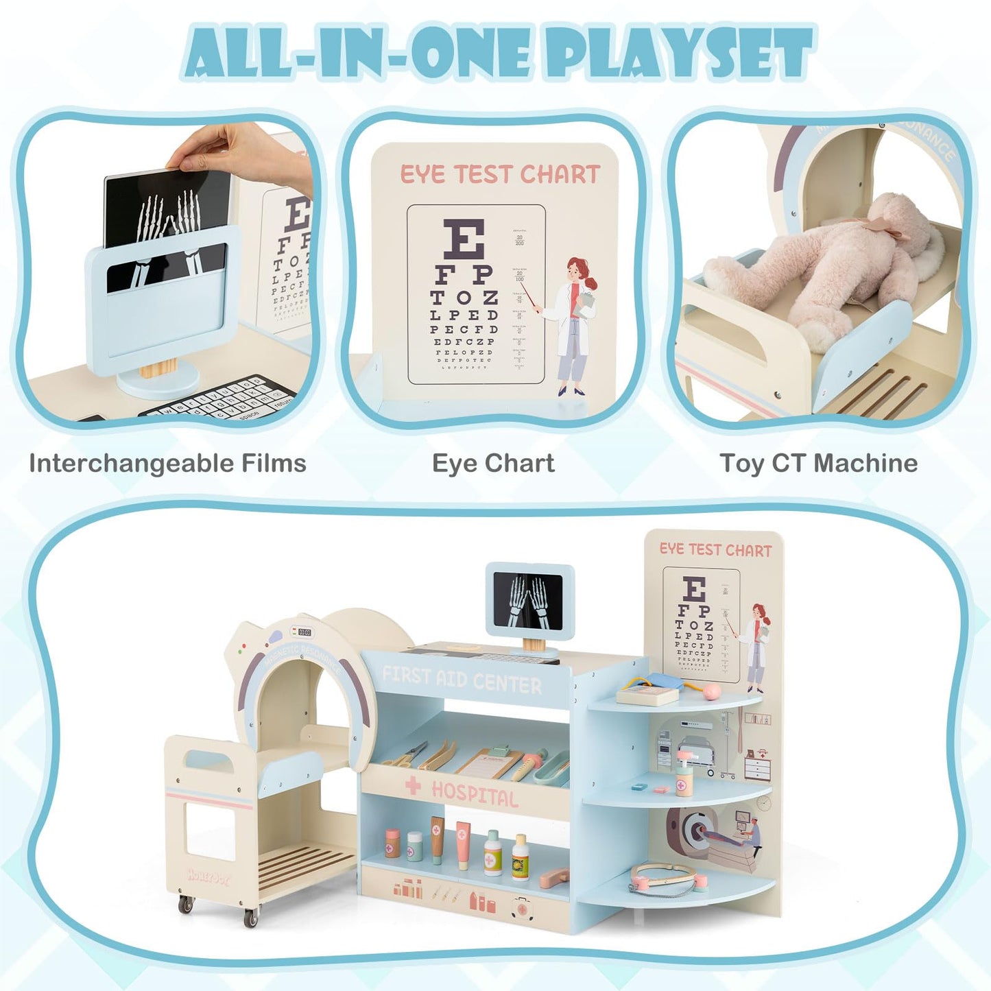 Wooden Pretend Hospital Office Kit with Eye Chart and Toy CT Machine