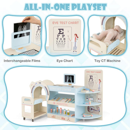 Wooden Pretend Hospital Office Kit with Eye Chart and Toy CT Machine