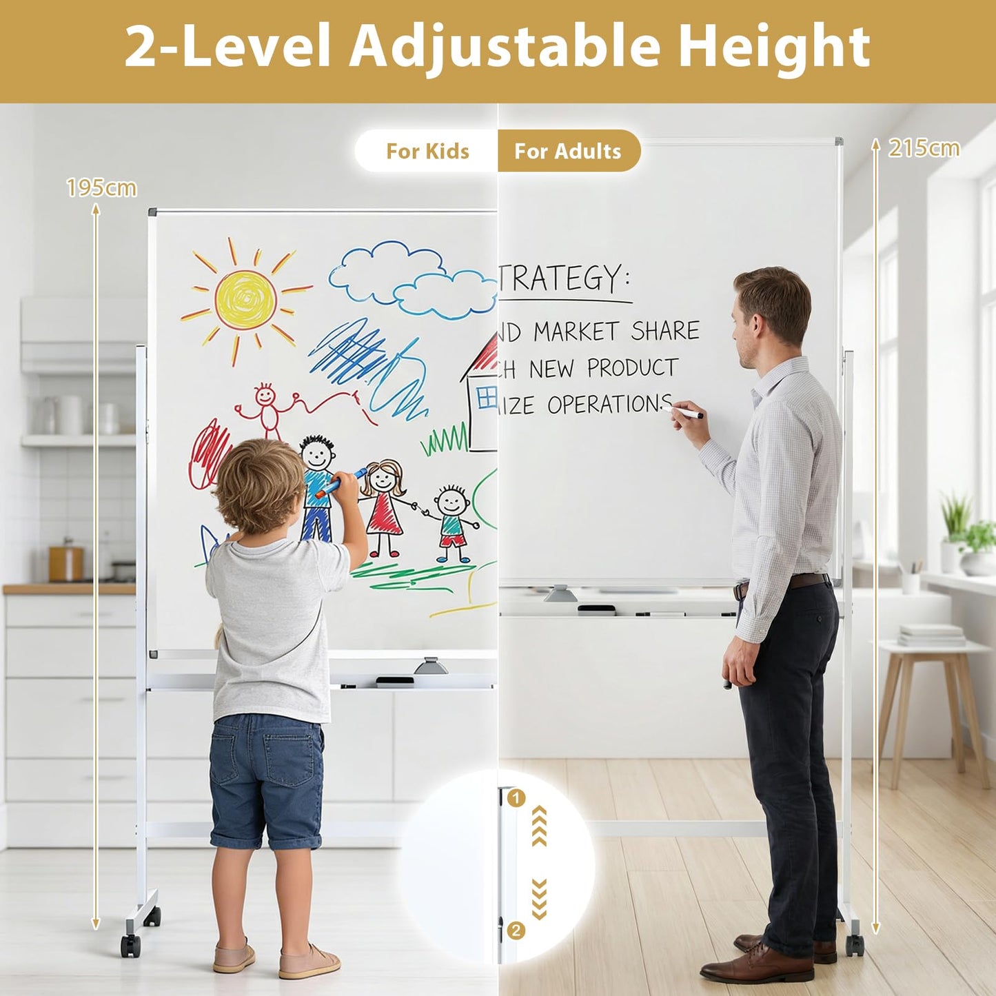 Double Sided Magnetic Whiteboard, Mobile Reversible Dry Erase Board with Black Markers