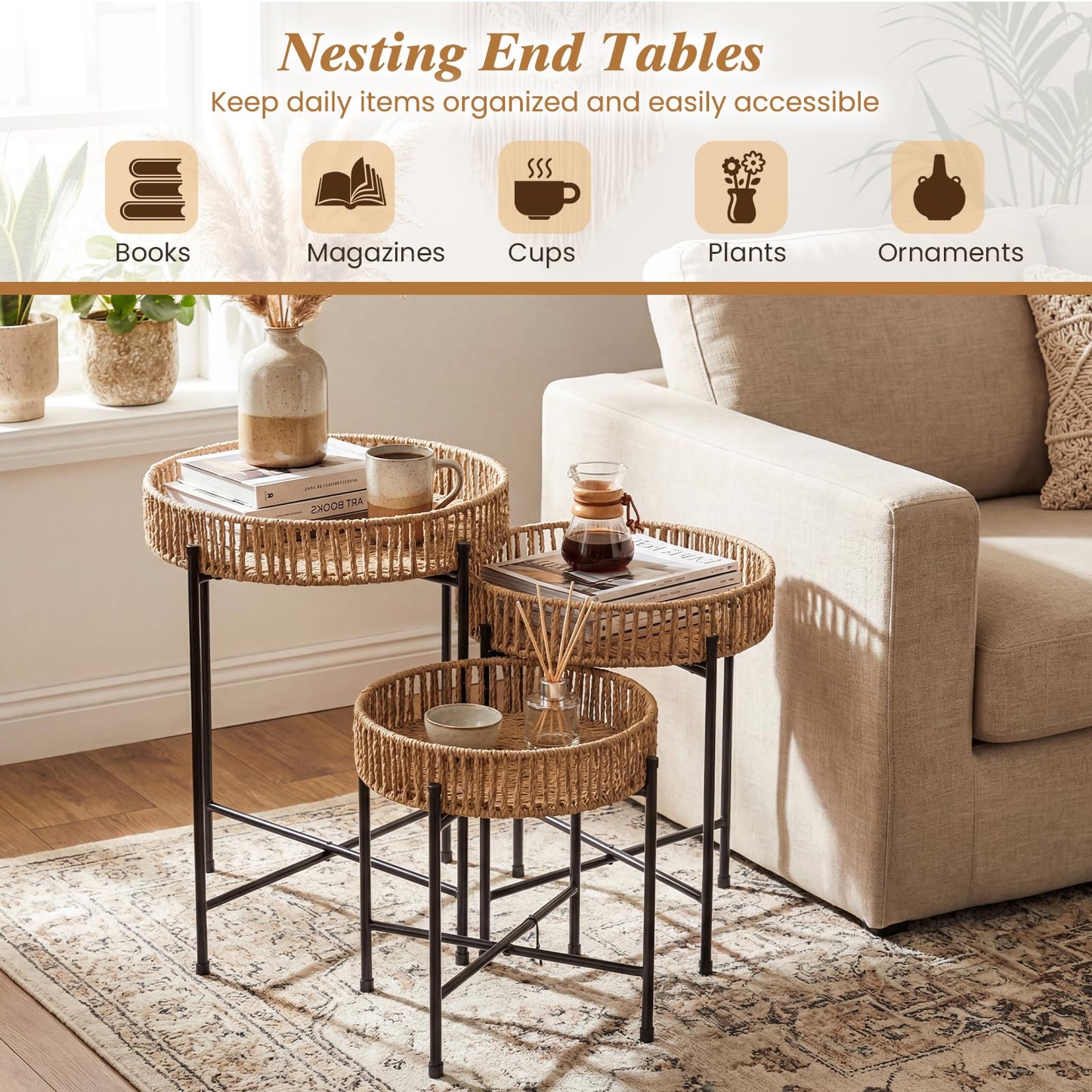 Set of 3 Round Nesting Side Tables Weaving End Tables with Metal Legs