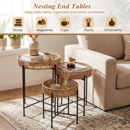 Set of 3 Round Nesting Side Tables Weaving End Tables with Metal Legs