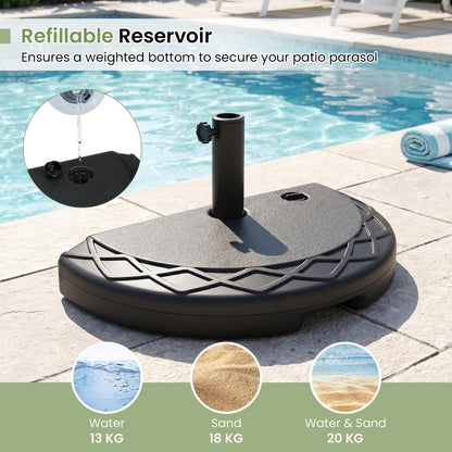 20kg Half Round Parasol Base, Water and Sand Fillable Patio Umbrella Stand Holder Fits Poles up to 38 mm-48 mm