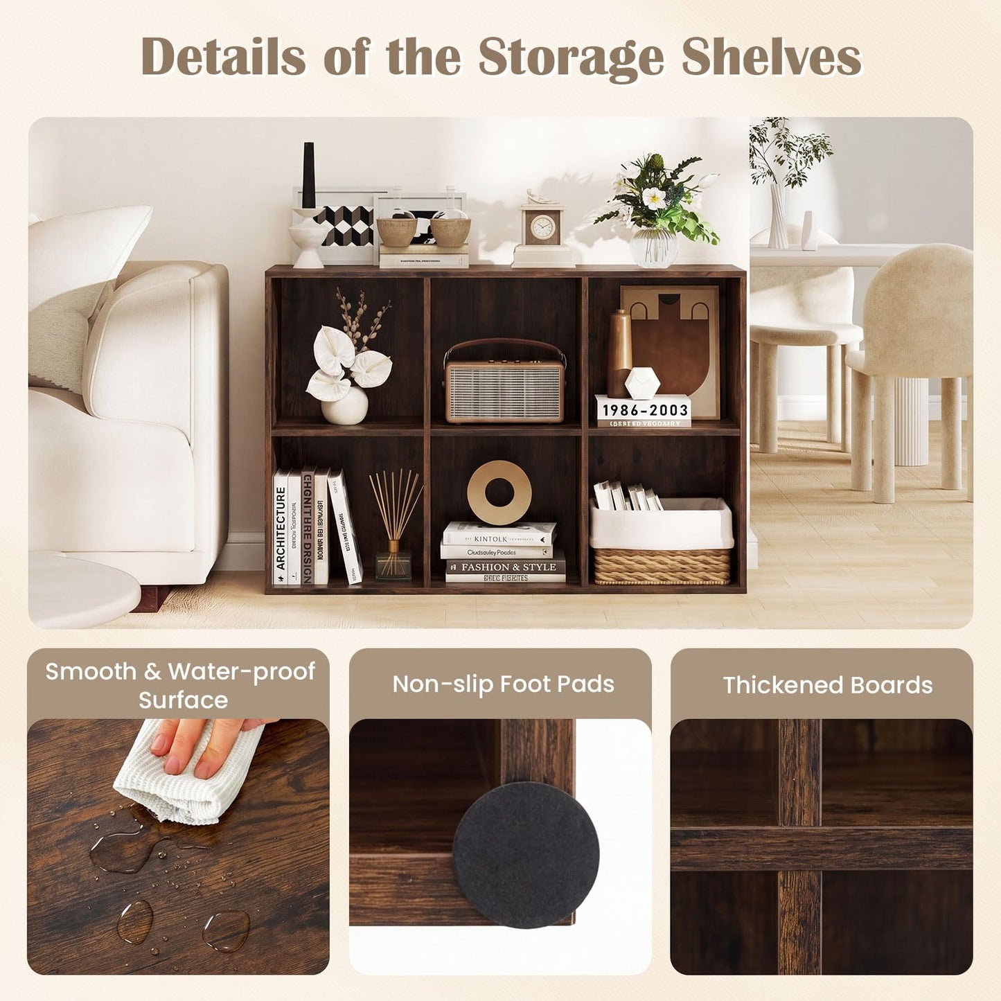 6-Cube Bookcase 3-Tier Storage Organizer with Anti-Tipping Kits for Living Room Study