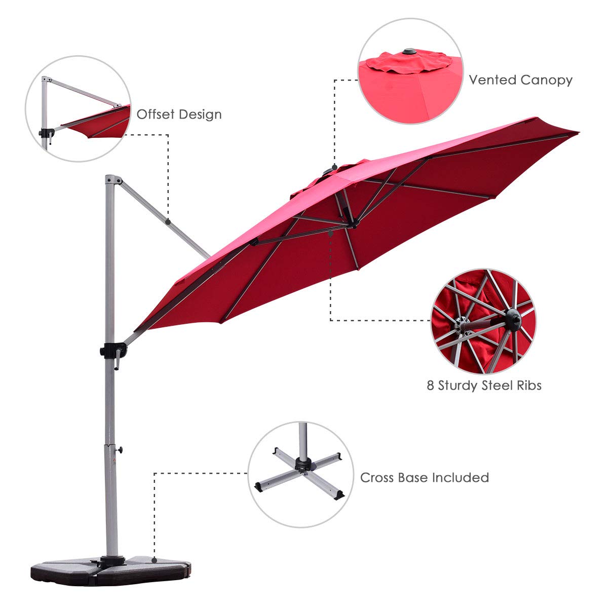 3.3m Patio Cantilever Umbrella with Tilting Adjustment and Cross base