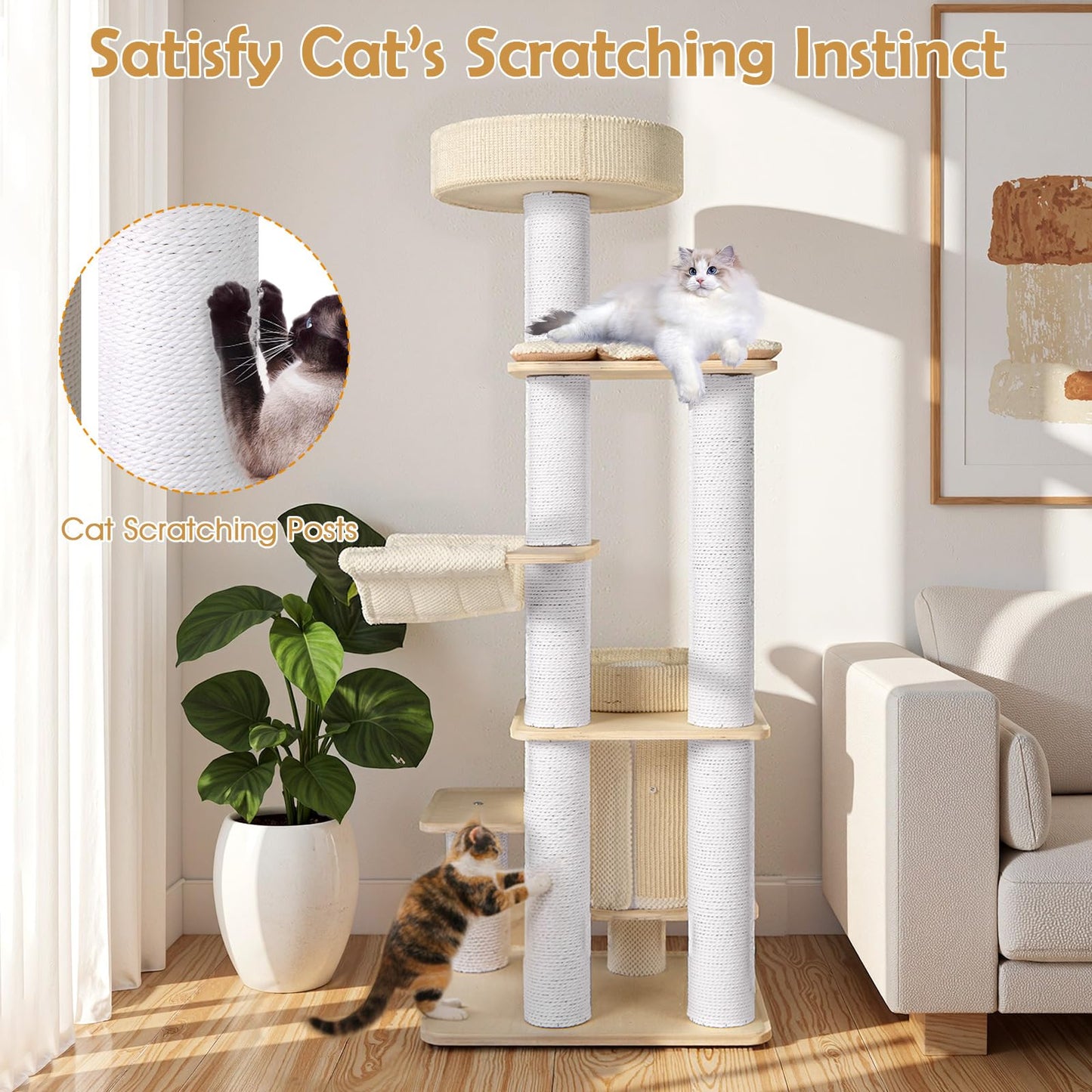 Cat Tree, Tall Multi-Layer Cats Tower with Comfy Padded Top Perch