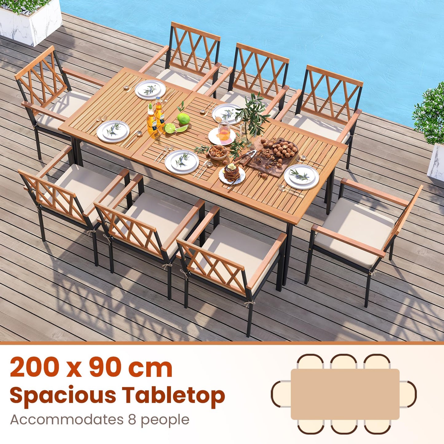 8-Seater 2m Acacia Wood Picnic Table with Slat Tabletop