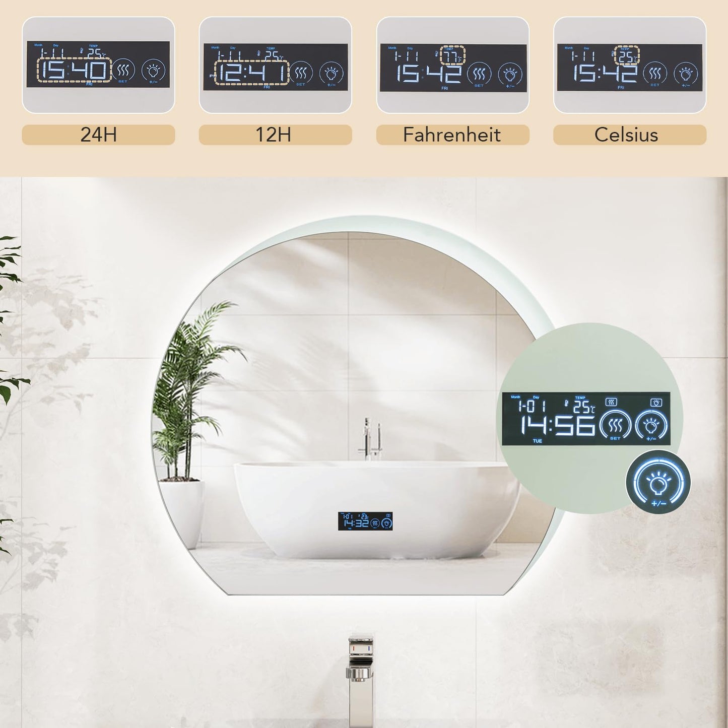 Half Circle LED Bathroom Mirror with Touch Switch and 3-Color Lights