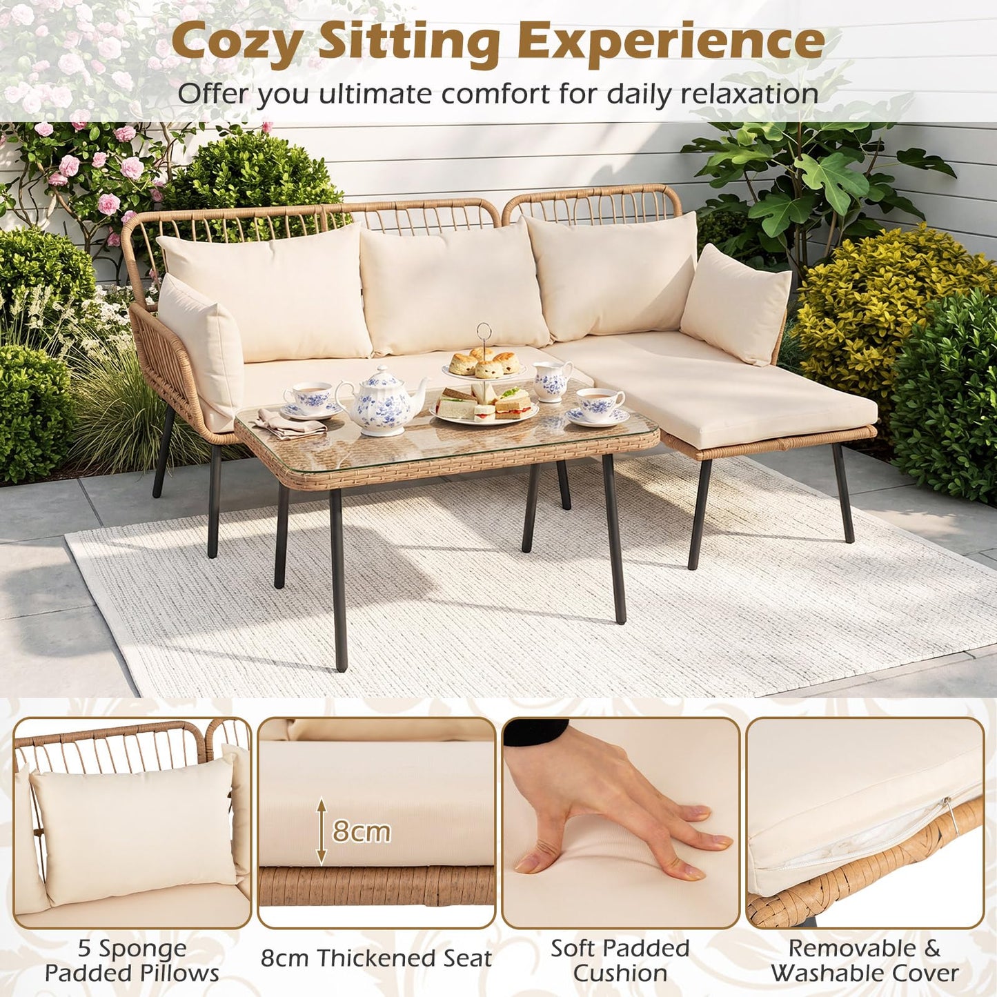 3-Piece Patio Furniture Set with Coffee Table and L-Shaped Sectional Sofa