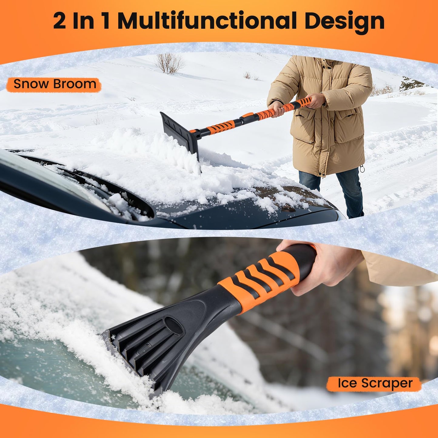 2 in 1 Extendable Snow Shovel 41” Ice Scraper