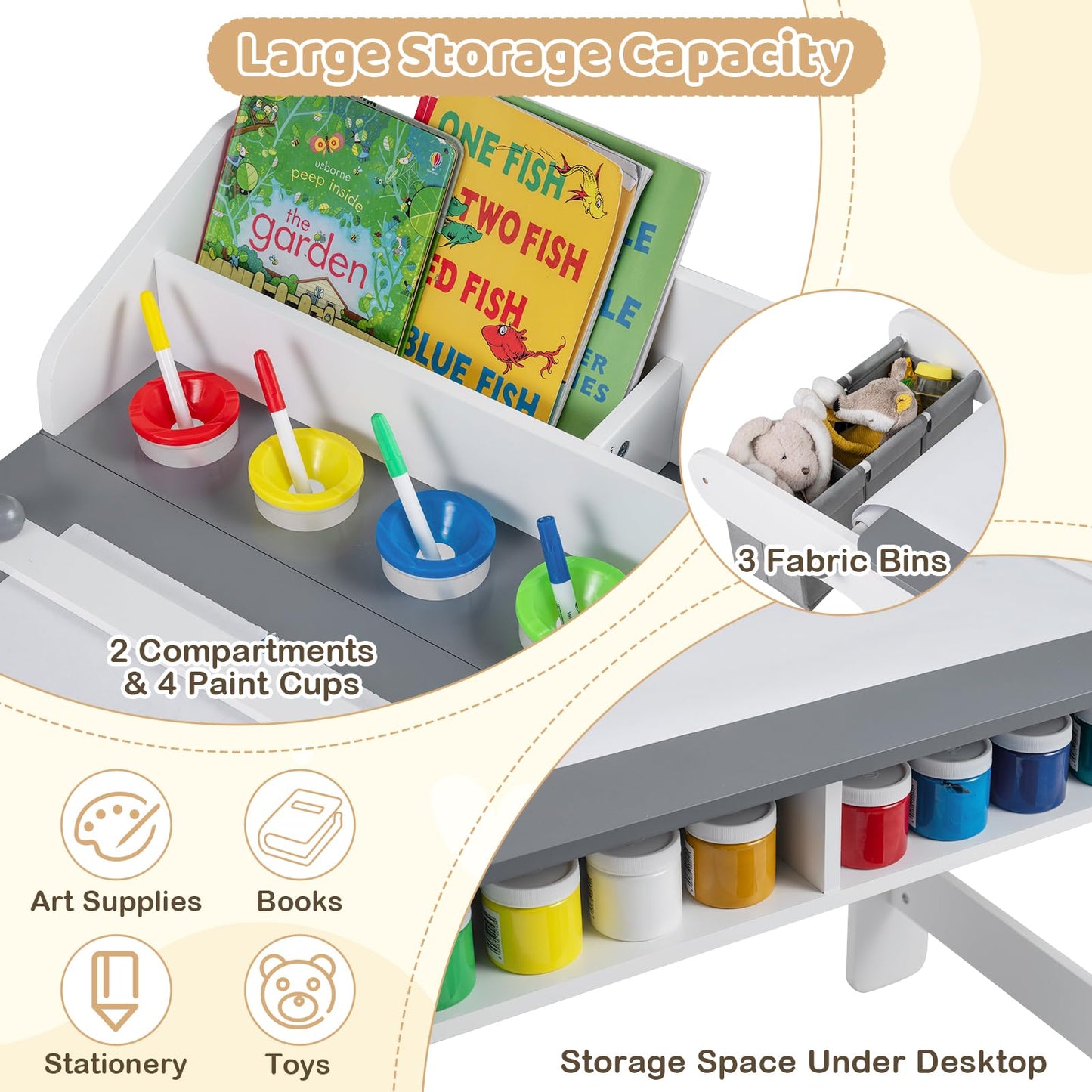 Kids Art Table and Chair Set with Paper Roll & Fabric Bins for Drawing Reading Studying Playing