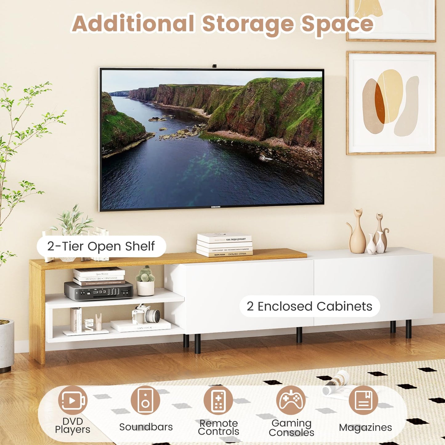 TV Stand for 80 Inches TVs with Storage Shelves and Cabinets