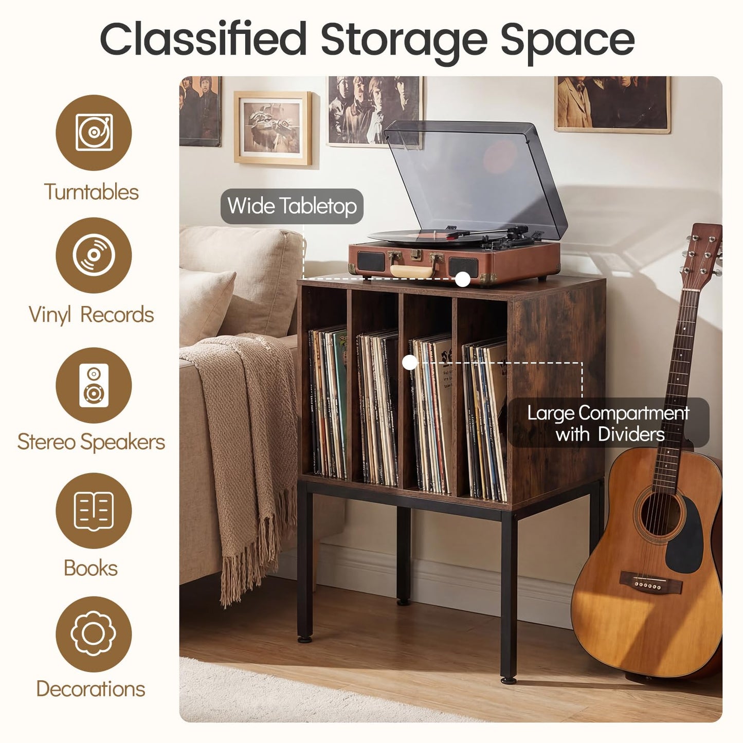 Record Player Stand, Turntable Stand End Sofa Side Table with 4 Vinyl Display Shelves