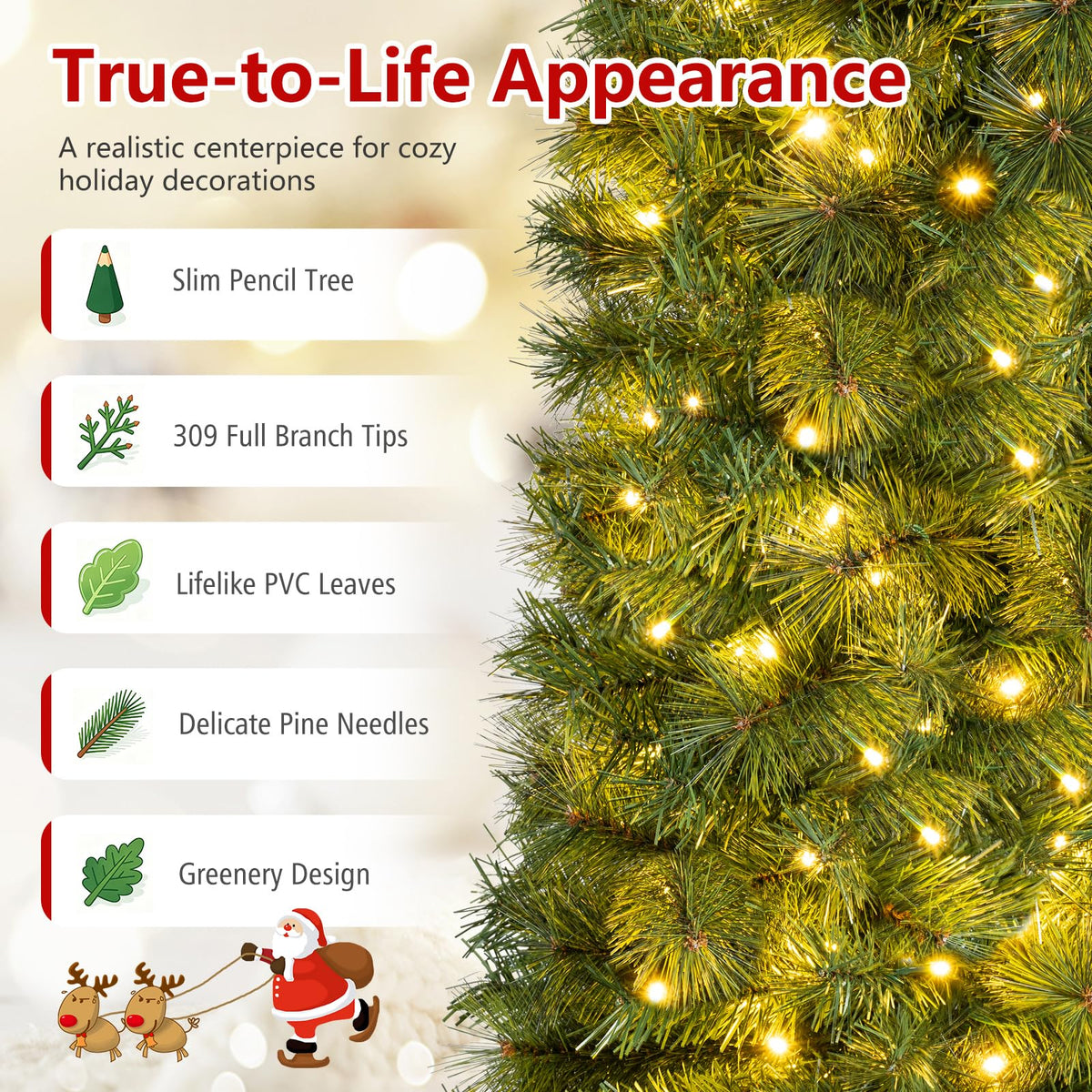 5FT/6FT Slim Pencil Christmas Tree, Pre-lit Xmas Tree