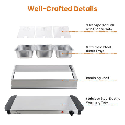2 in 1 Electric Buffet Server Food Warmer with 3 x 1.4L Removable Trays