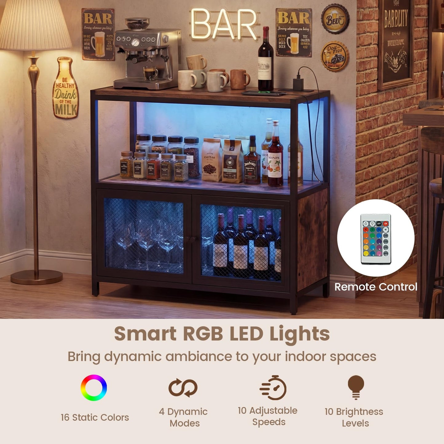 Coffee Bar Cabinet with LED Lights Charging Station & Open Shelf for Kitchen