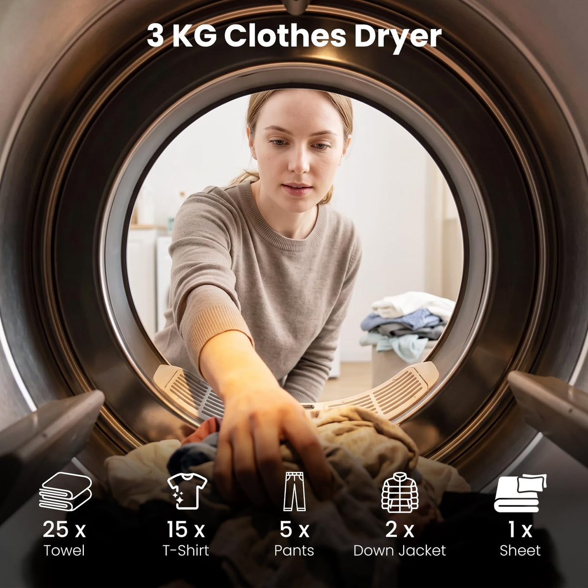 3KG Vented Tumble Dryer, Compact Smart Sensor Dryer with 8 Modes