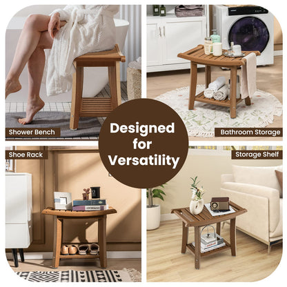 2-Tier Slatted Spa Bath Stool with Storage Shelf & Handles