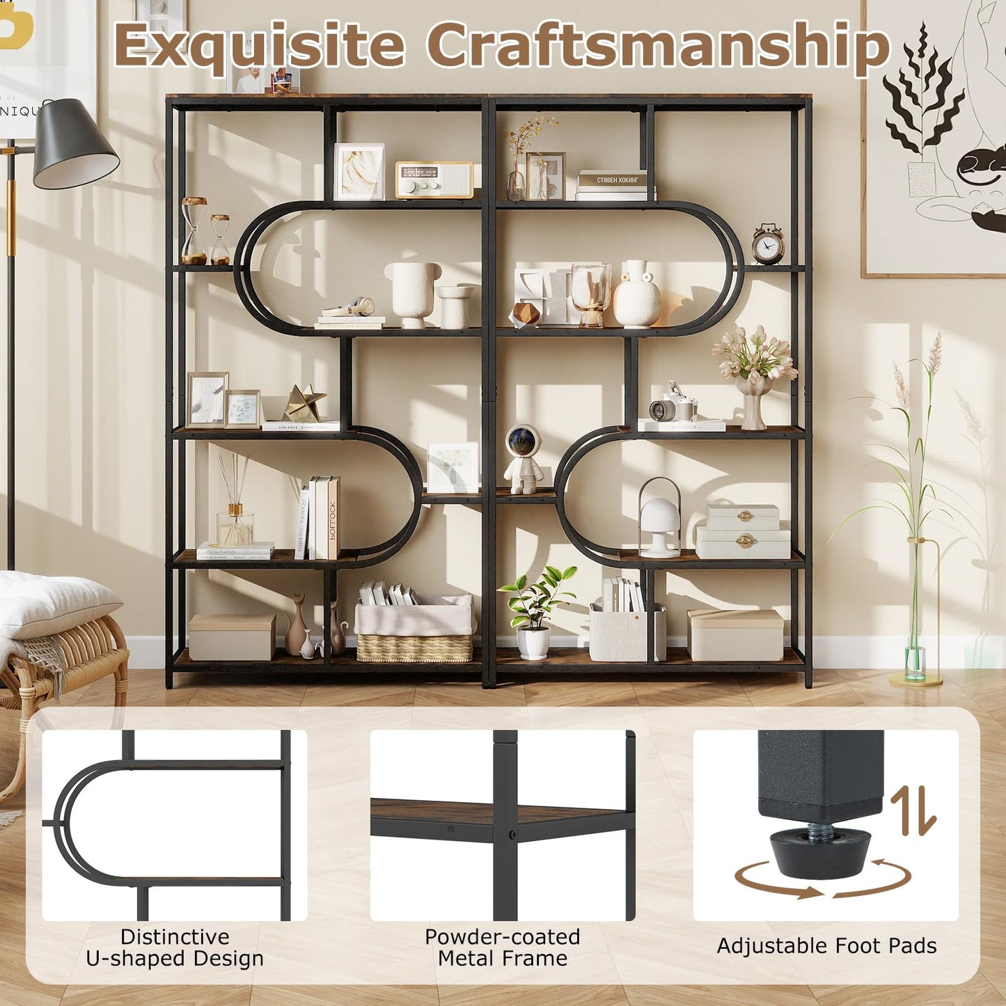 Industrial Etagere Bookcase with Open Storage Shelves and Metal Frame