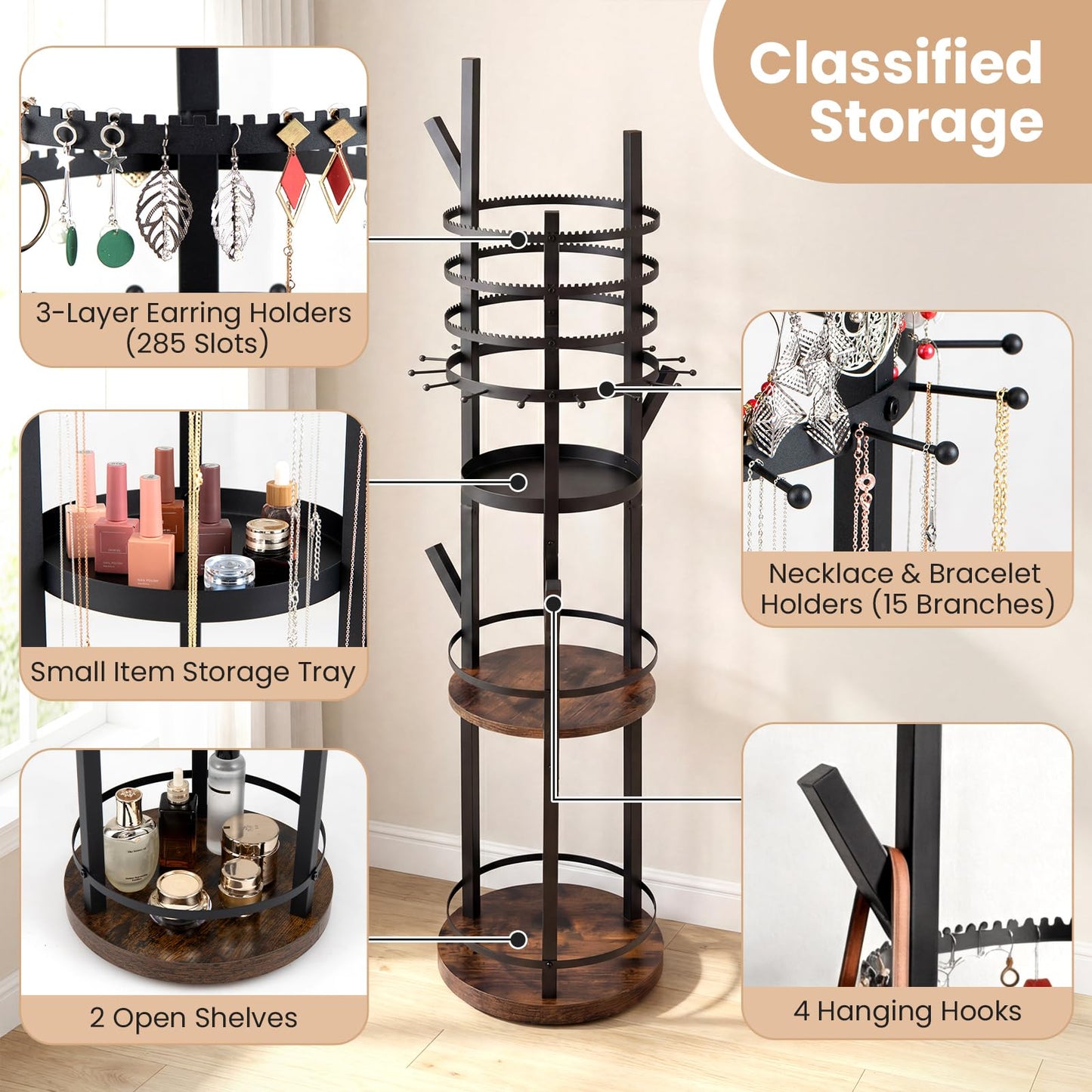 Jewelry Organizer Stand, 360° Rotating Floor Standing Jewelry Storage Rack