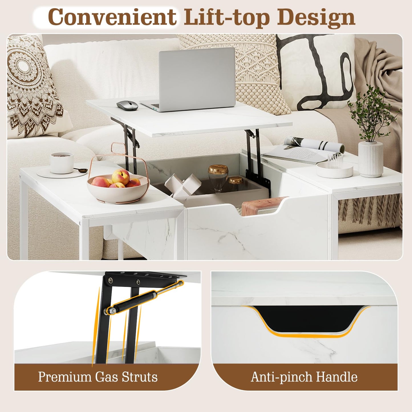 Lift Up Top Coffee Table, Marble Center Table with Hidden Storage