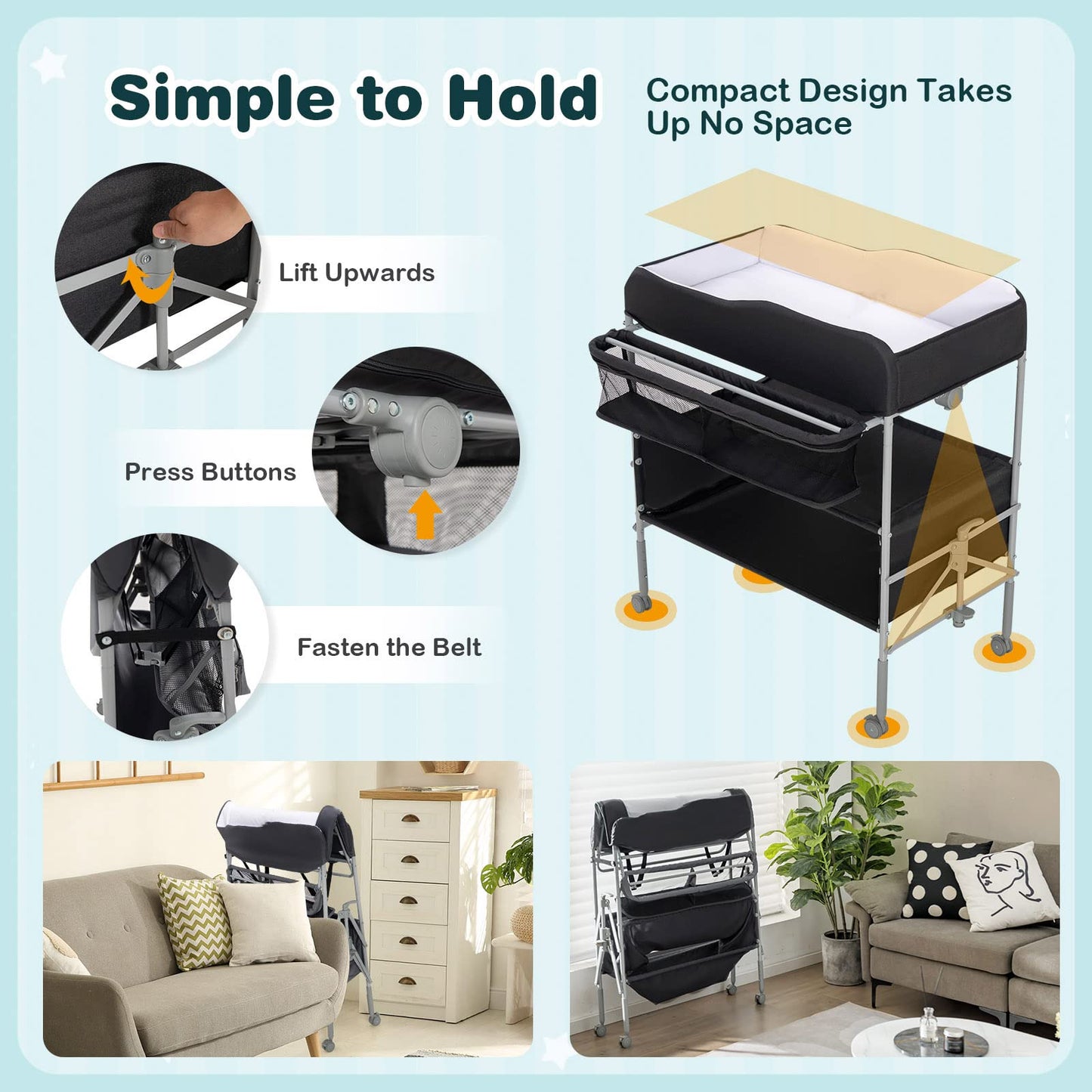 Baby Changing Table Folding Nursery Changing Station with 4 Lockable Wheels