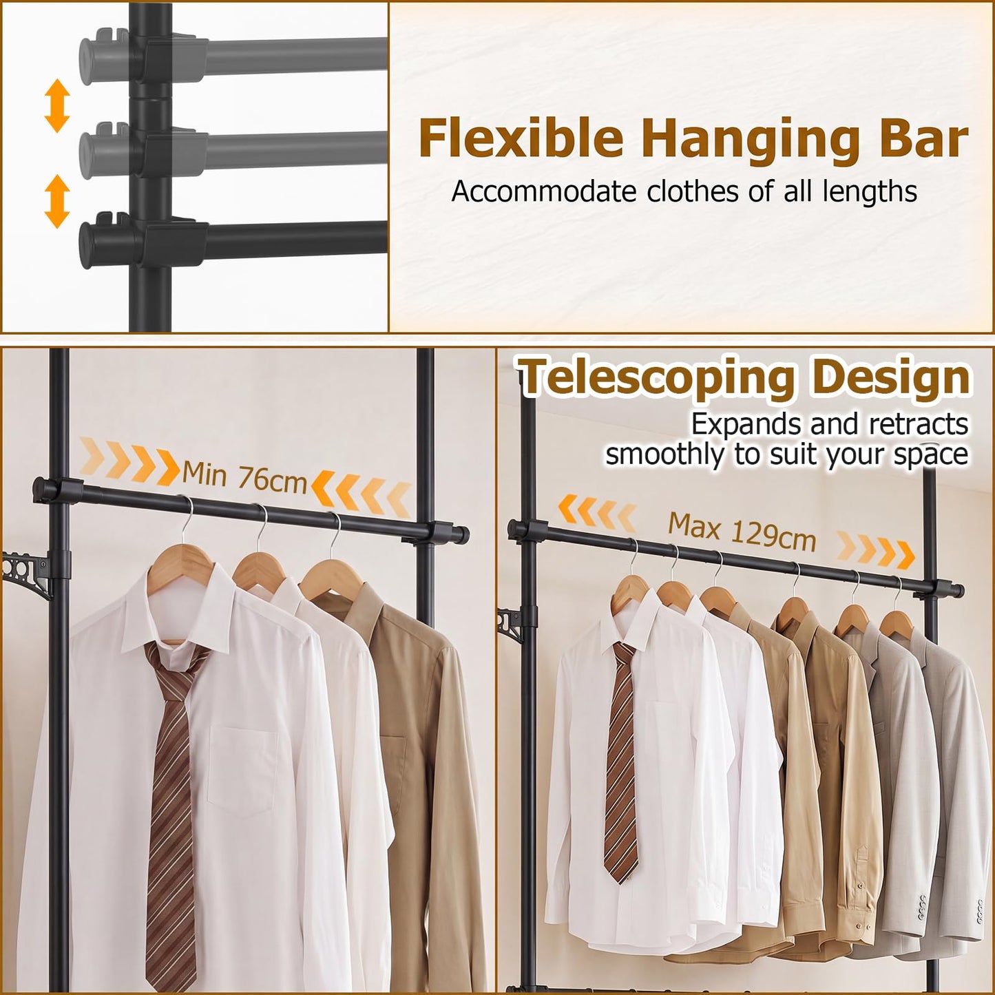 Adjustable Floor to Ceiling Clothes Rack with Double Rods & Folding Drying Rack for Laundry