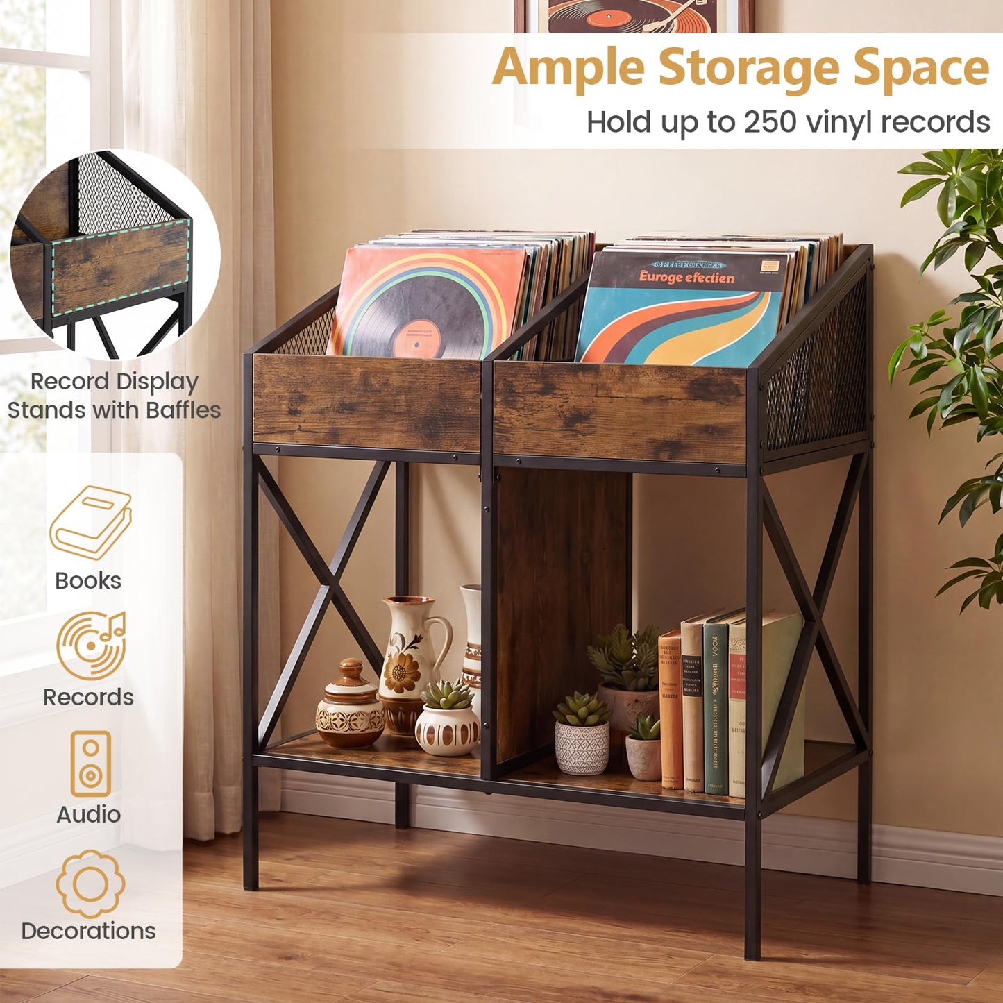 Record Player Stand, 2-Tier Turntable Stand End Side Table with 4 Display Shelves