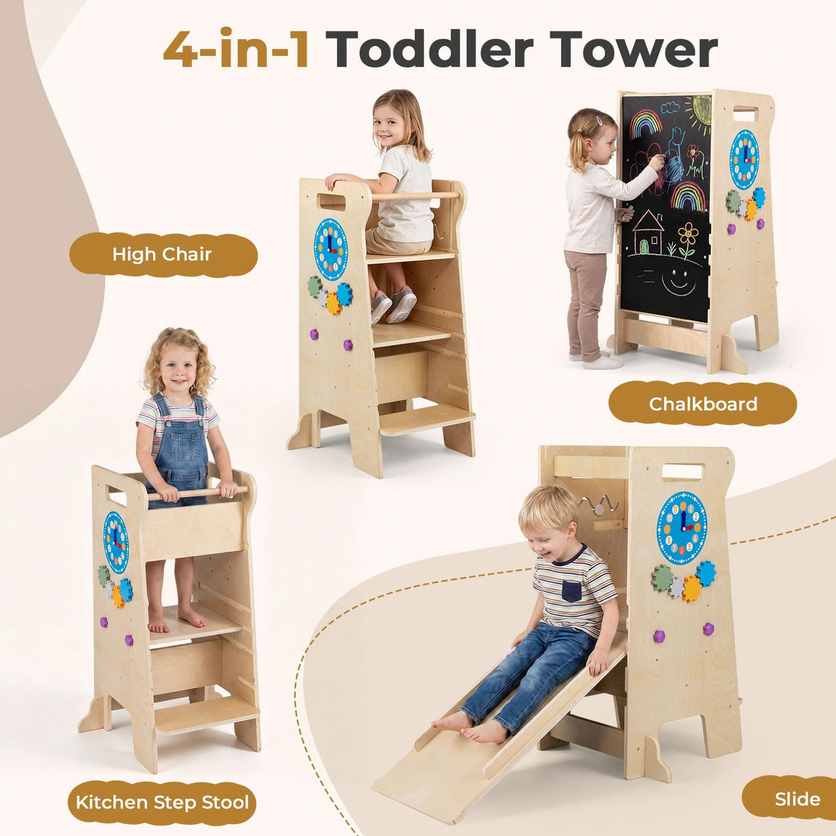 4-in-1 Toddler Tower with Chalkboard Slide and Montessori Games
