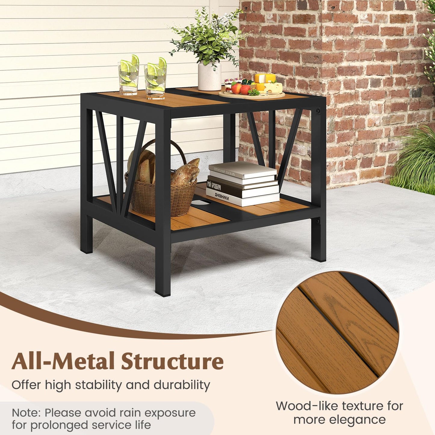 Outdoor Side Table with 4 CM Umbrella Hole and Storage Shelf