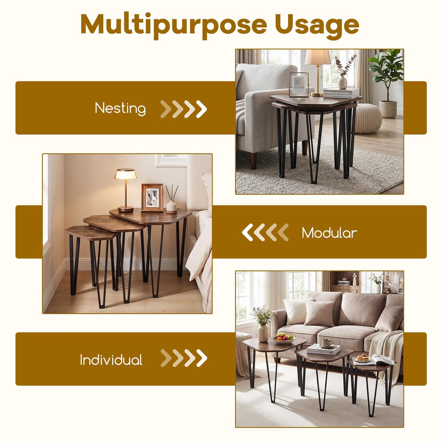 Nesting Coffee Tables Set of 3, Stacking End Sofa Side Table