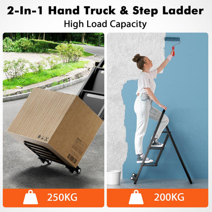 2-In-1 Hand Truck and Ladder Foldable 3-Step Ladder with Non-slip Wide Pedals
