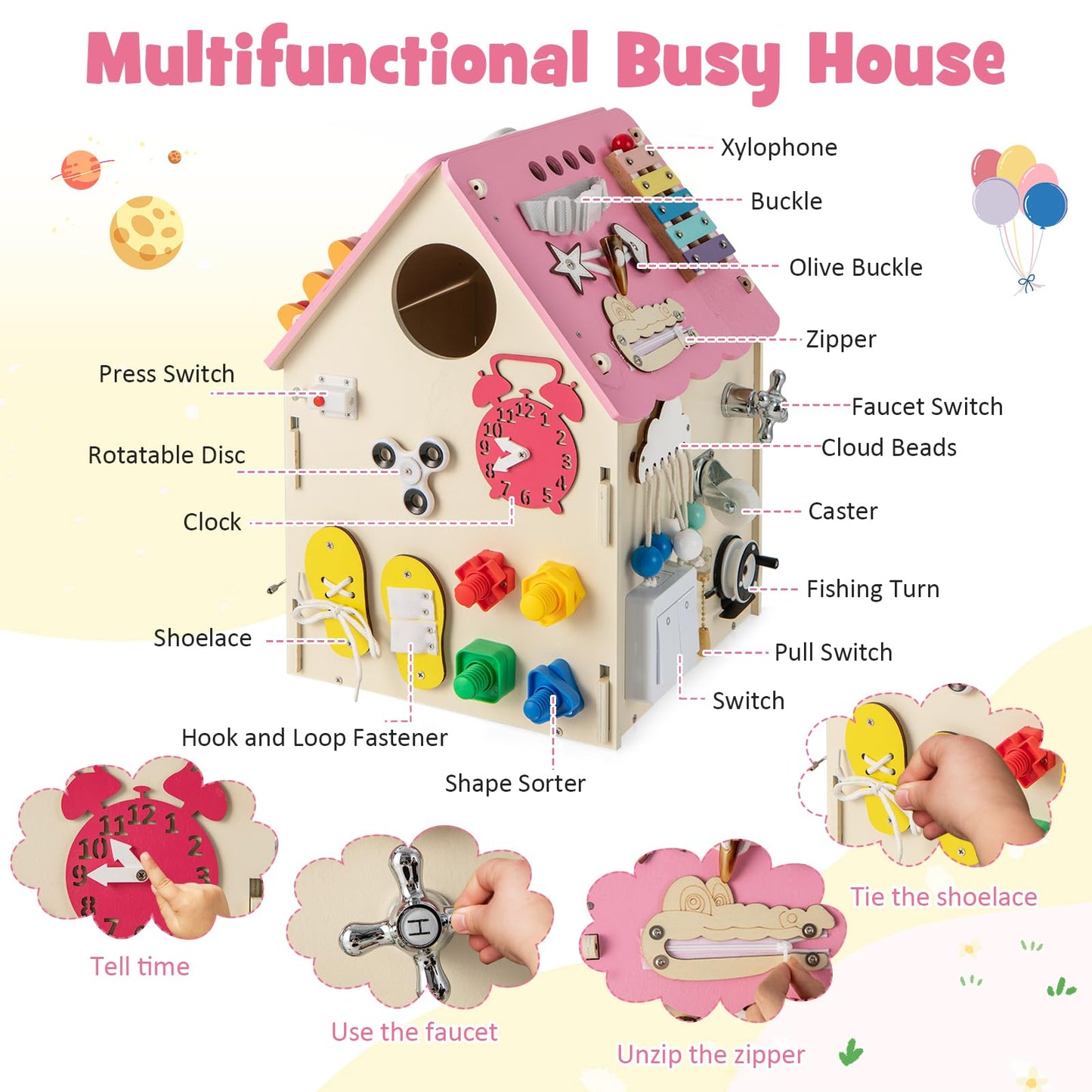 Wooden Busy House Toddler Learning Toy with Music Box