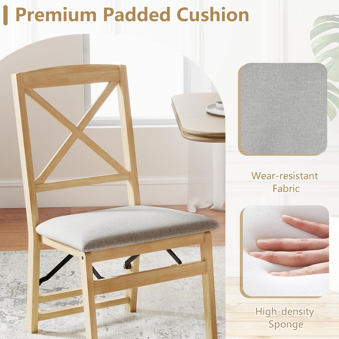 Padded Folding Chair Set of 2/4, Rubber Wood Counter Dining Chairs with Backrest