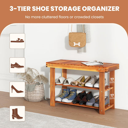 70 x 28 x 45cm Acacia Wood Shoe Shelf Stand Seat