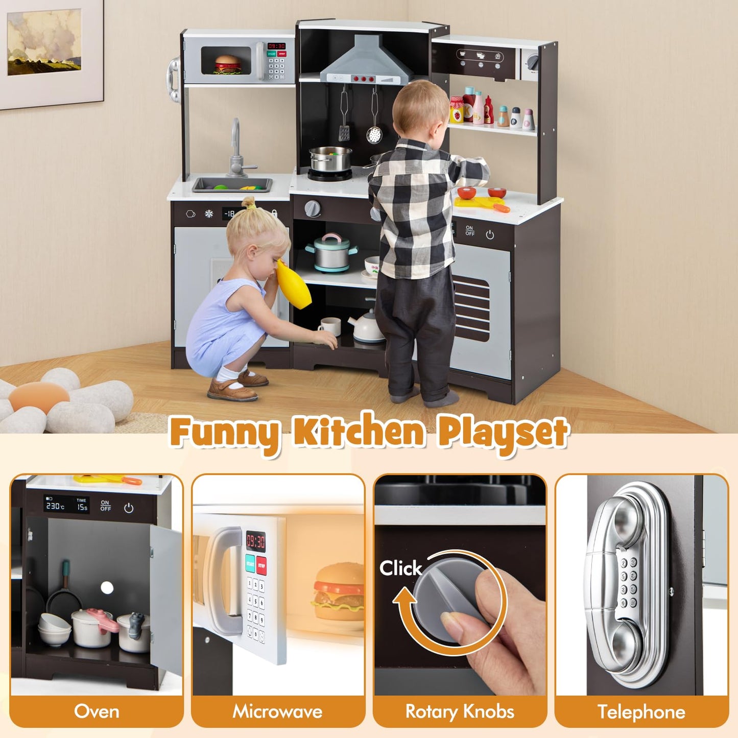 Wooden Pretend Play Kitchen with Real Sounds and Lights