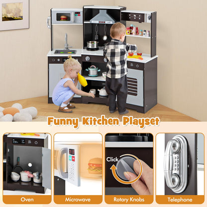 Wooden Pretend Play Kitchen with Real Sounds and Lights