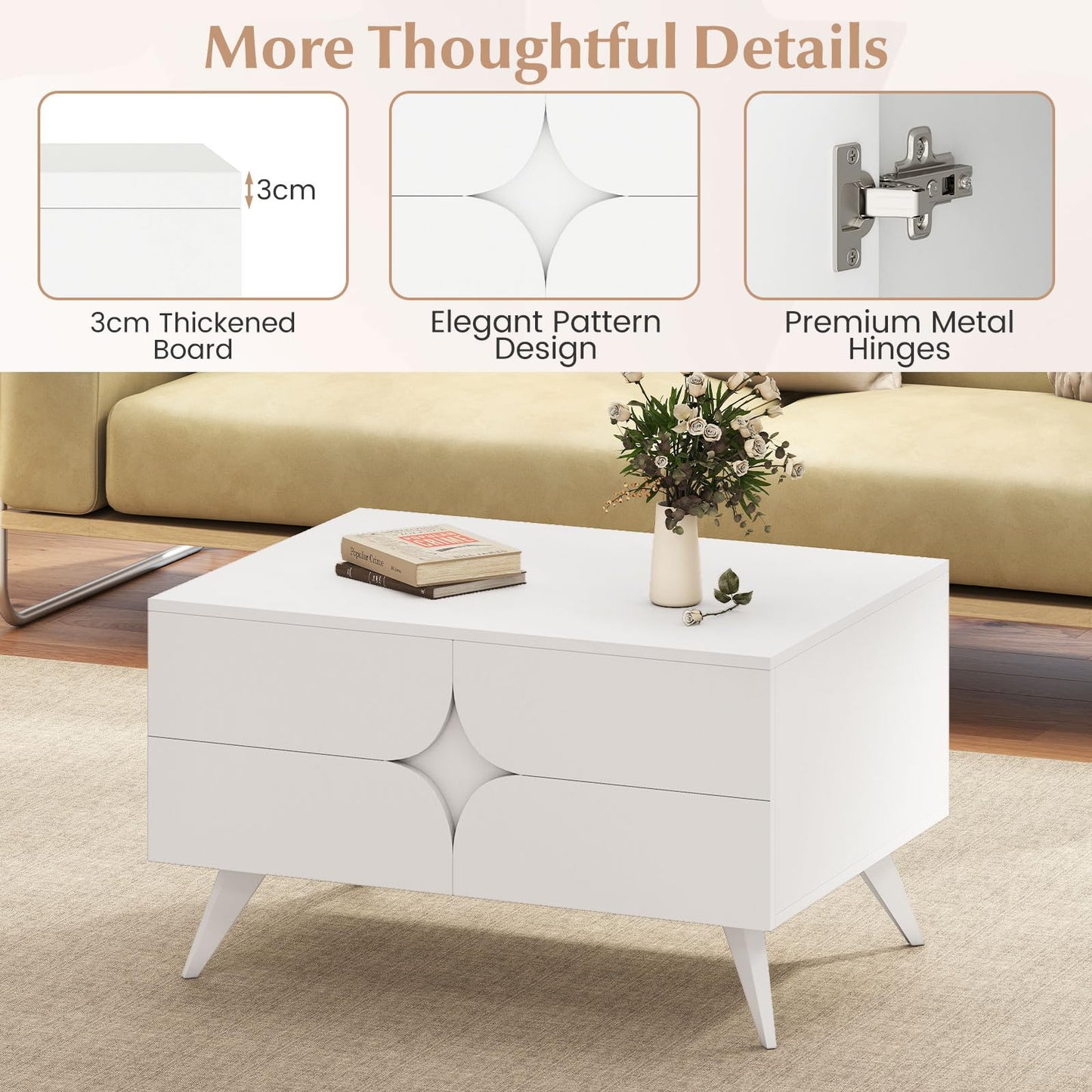 Coffee Table, Wooden Cocktail Table Sofa Side Snack Tables with 3 Doors and Back Open Shelf