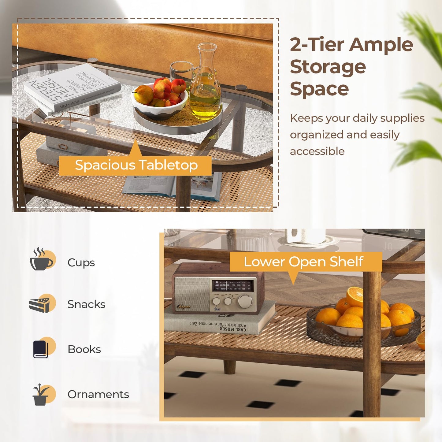 Tempered Glass Cocktail Snack Tea Center Table with PE Rattan Storage Shelf