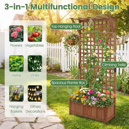 Raised Garden Bed with Trellis, Wooden Trough Planter, Outdoor Garden Weather-Resistant Plant Rack for Vines