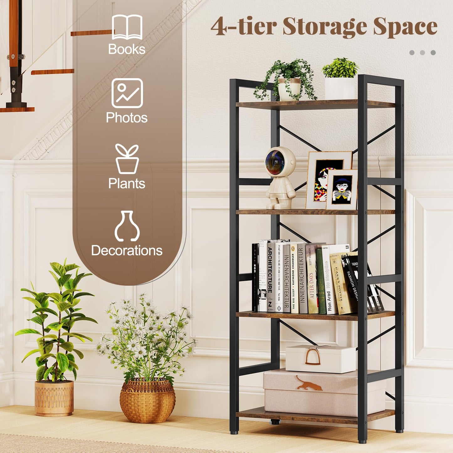 Wooden Storage Bookcase Ladder Shelving Unit with X-Shaped Bar